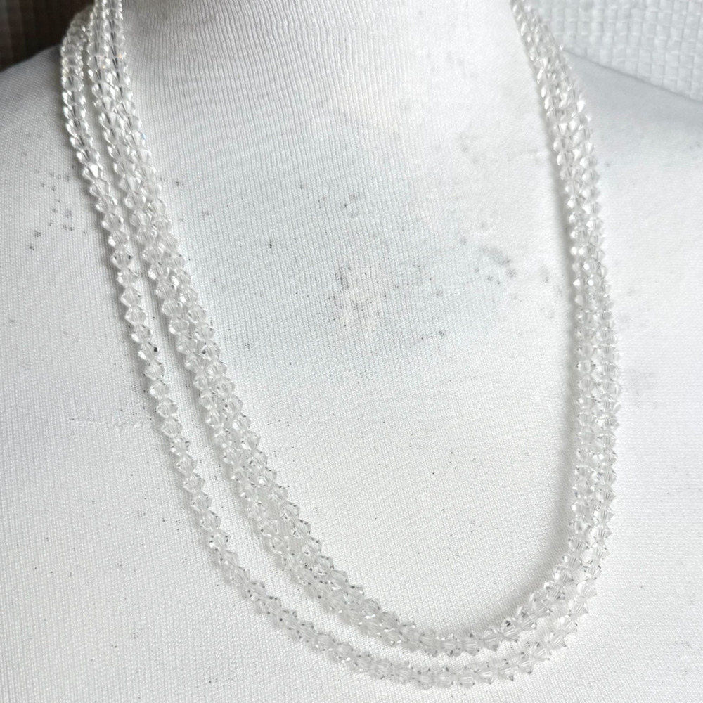 Vintage Long Crystal Necklace Clear Bicone Bead Flapper 71" Silver Tone Clasp